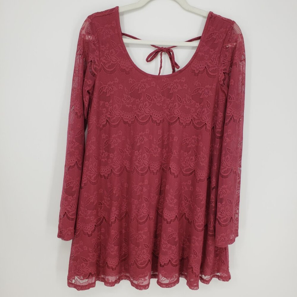Altar'd State Wine Red Lace Long Sleeve Mini Dress